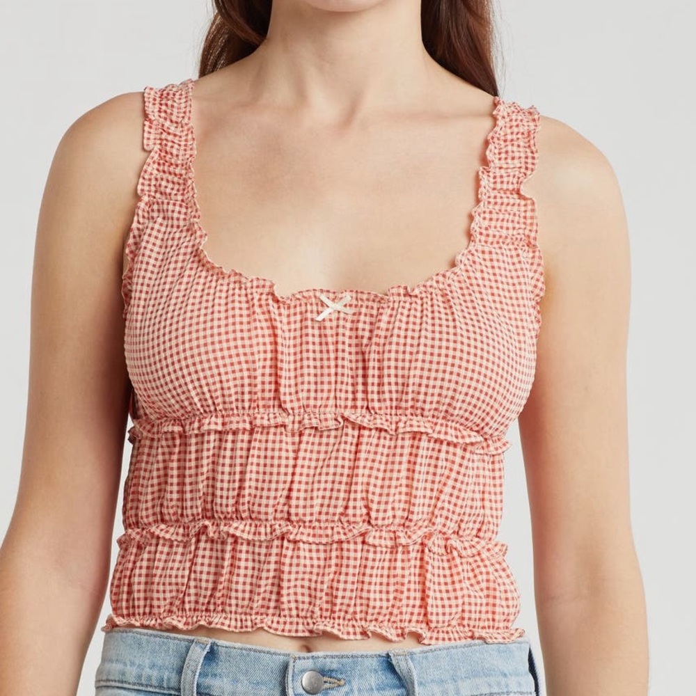 Lush Women's Cream Red Gingham Shirred  Tank Top Blouse - Sz Medium, NWT